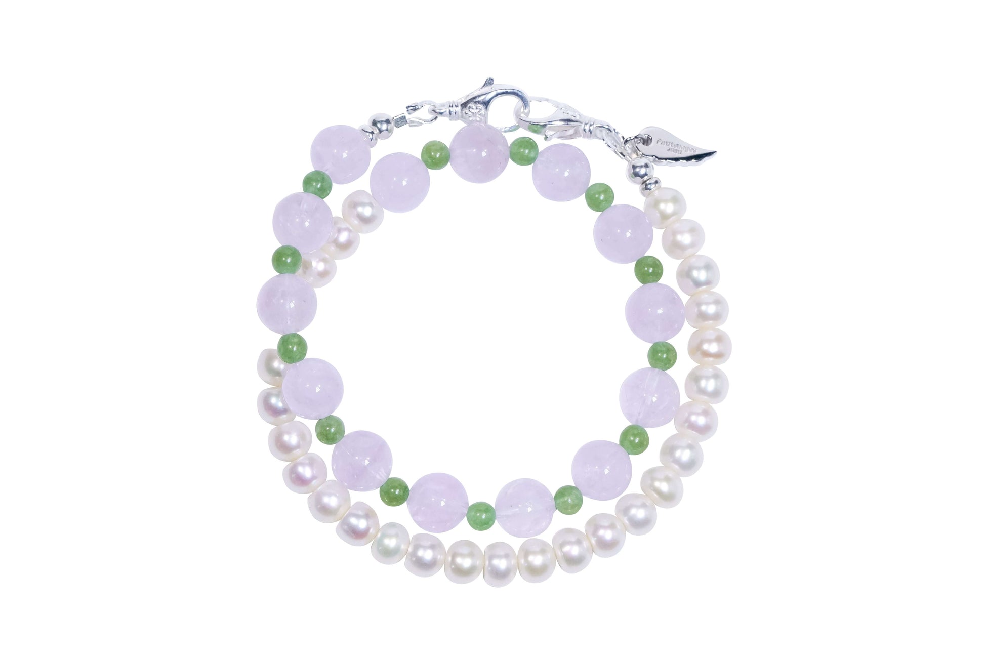 Pearl-lavender amethyst-nephrite jade two-way phone charm bracelet showcasing elegance and personal style.