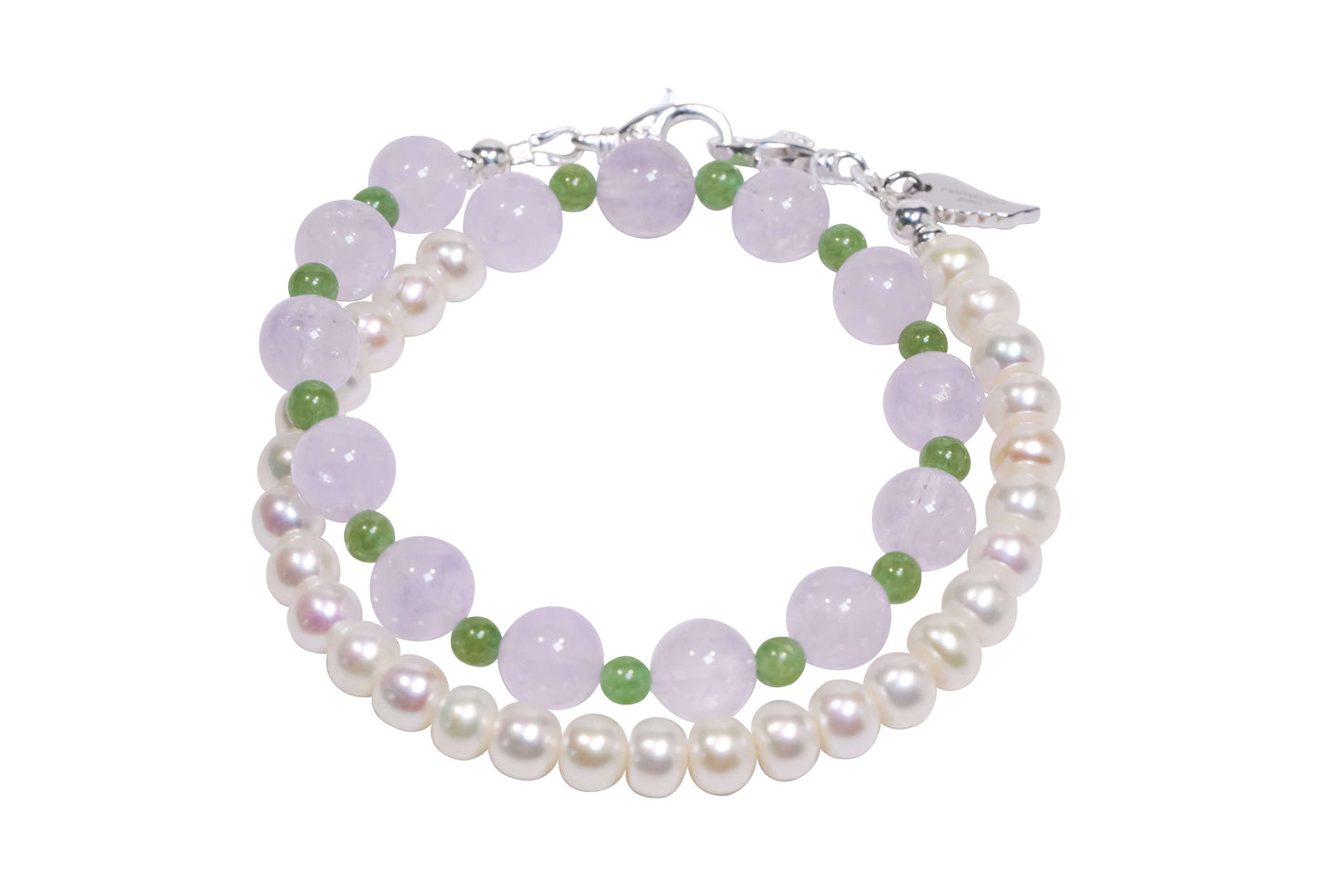 Lavender amethyst and nephrite jade phone charm bracelet with pearls, versatile as phone strap and stylish wrist accessory.