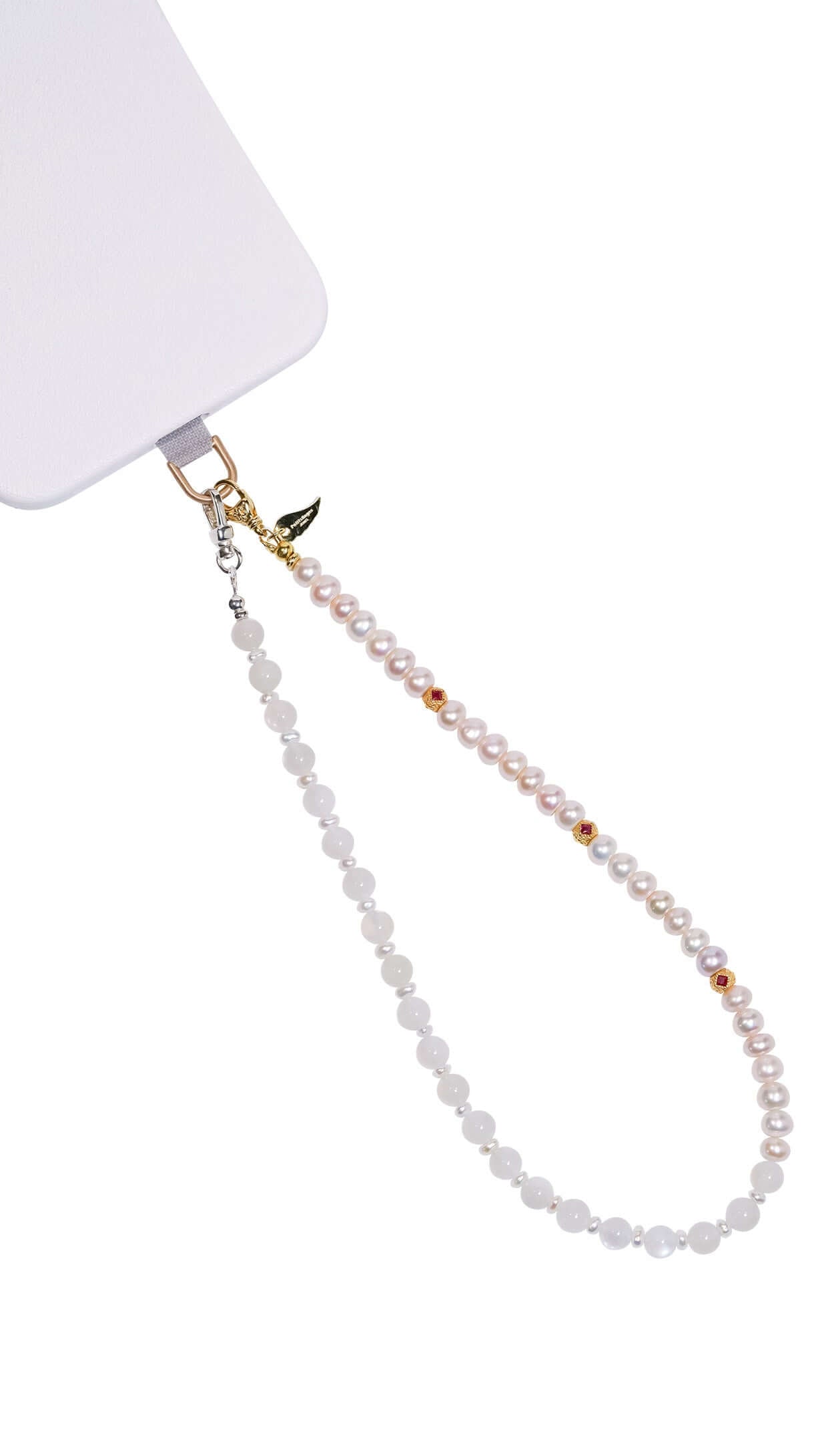 Pearl-Moonstone Silver Phone Charm/Bracelet featuring natural pearls and moonstone for a stylish and functional accessory.