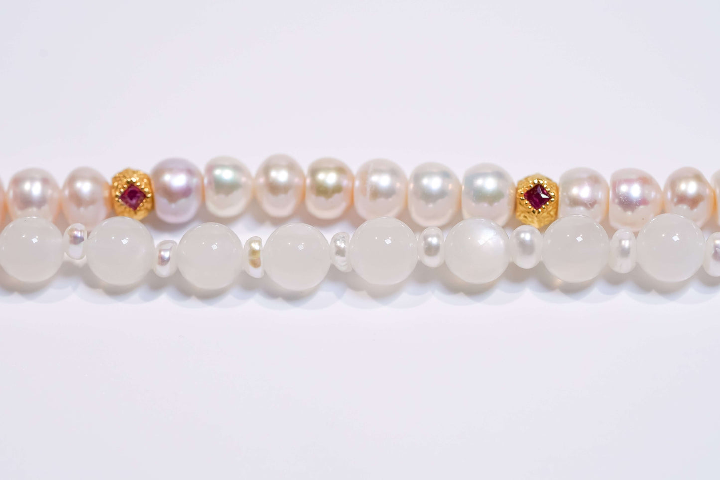 Pearl-Moonstone Silver Phone Charm/ Bracelet featuring natural pearls and moonstone, with vibrant red zircon beads.