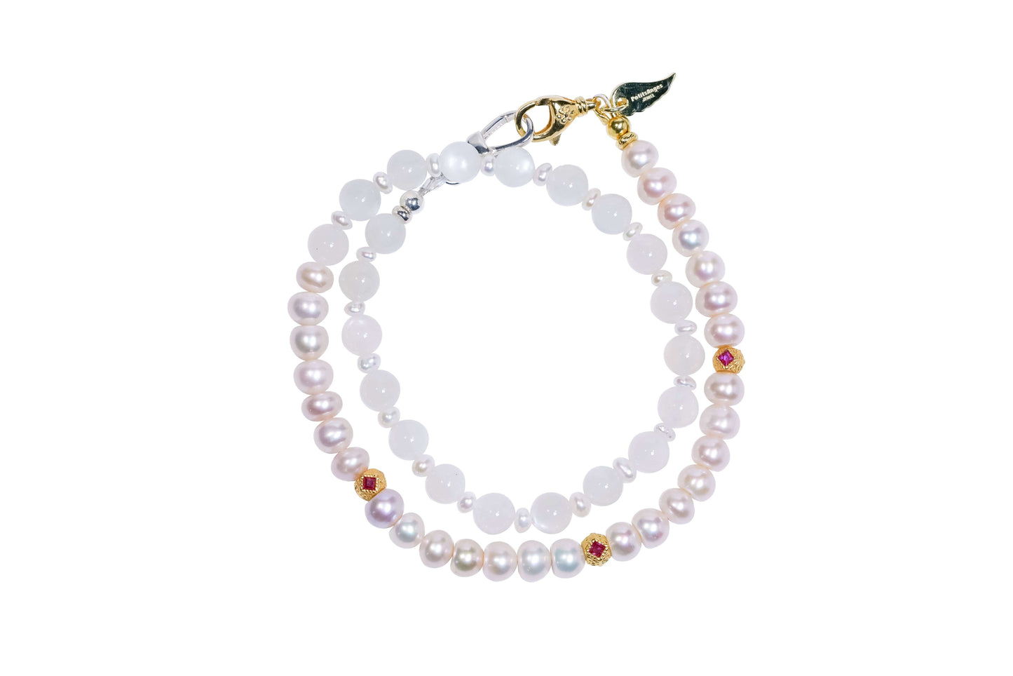 Pearl-Moonstone Silver Phone Charm/ Bracelet featuring natural pearls and moonstone with vibrant red zircon accents.