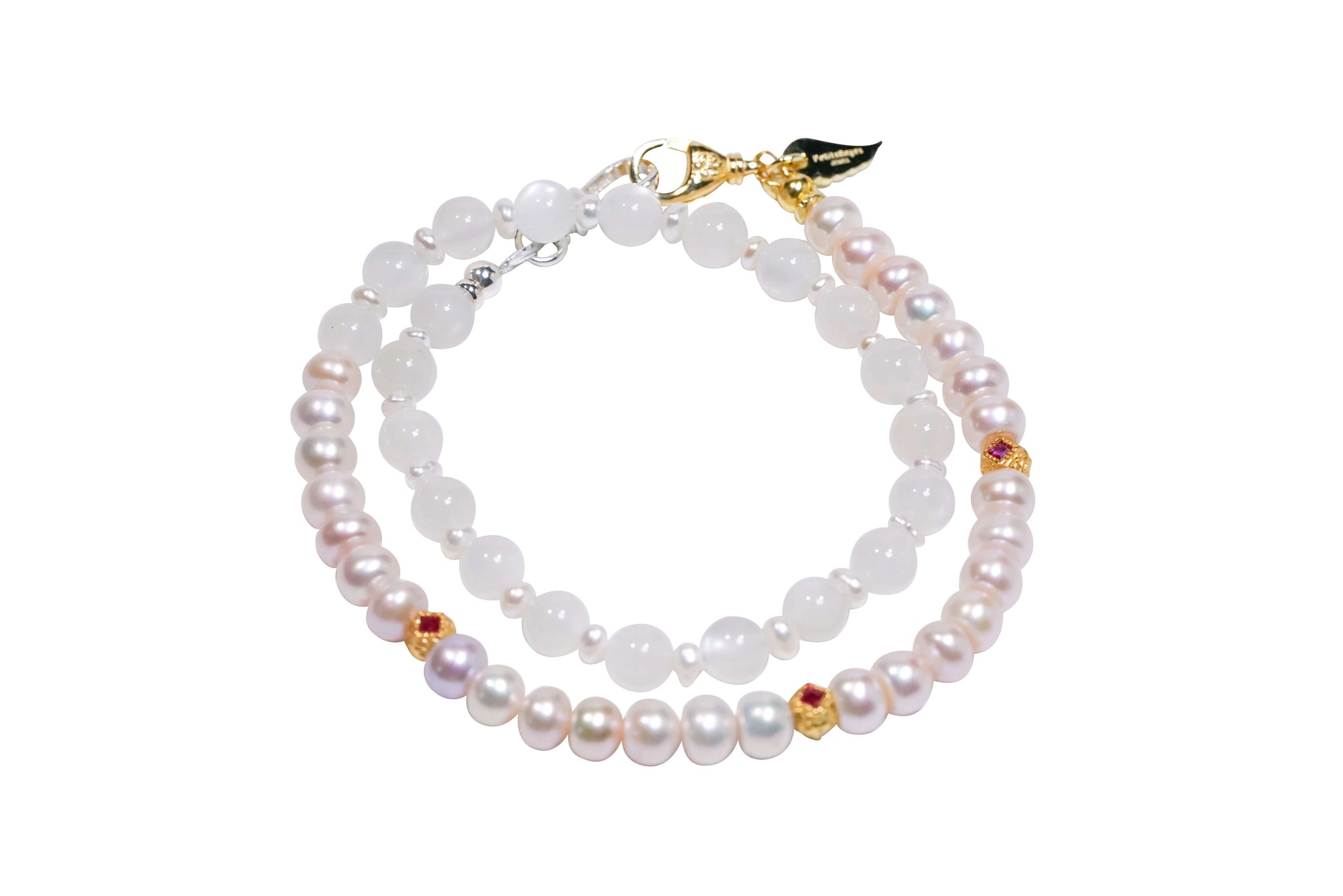 Elegant Pearl-Moonstone Silver Phone Charm and Bracelet featuring natural pearls and moonstone with vibrant zircon accents.