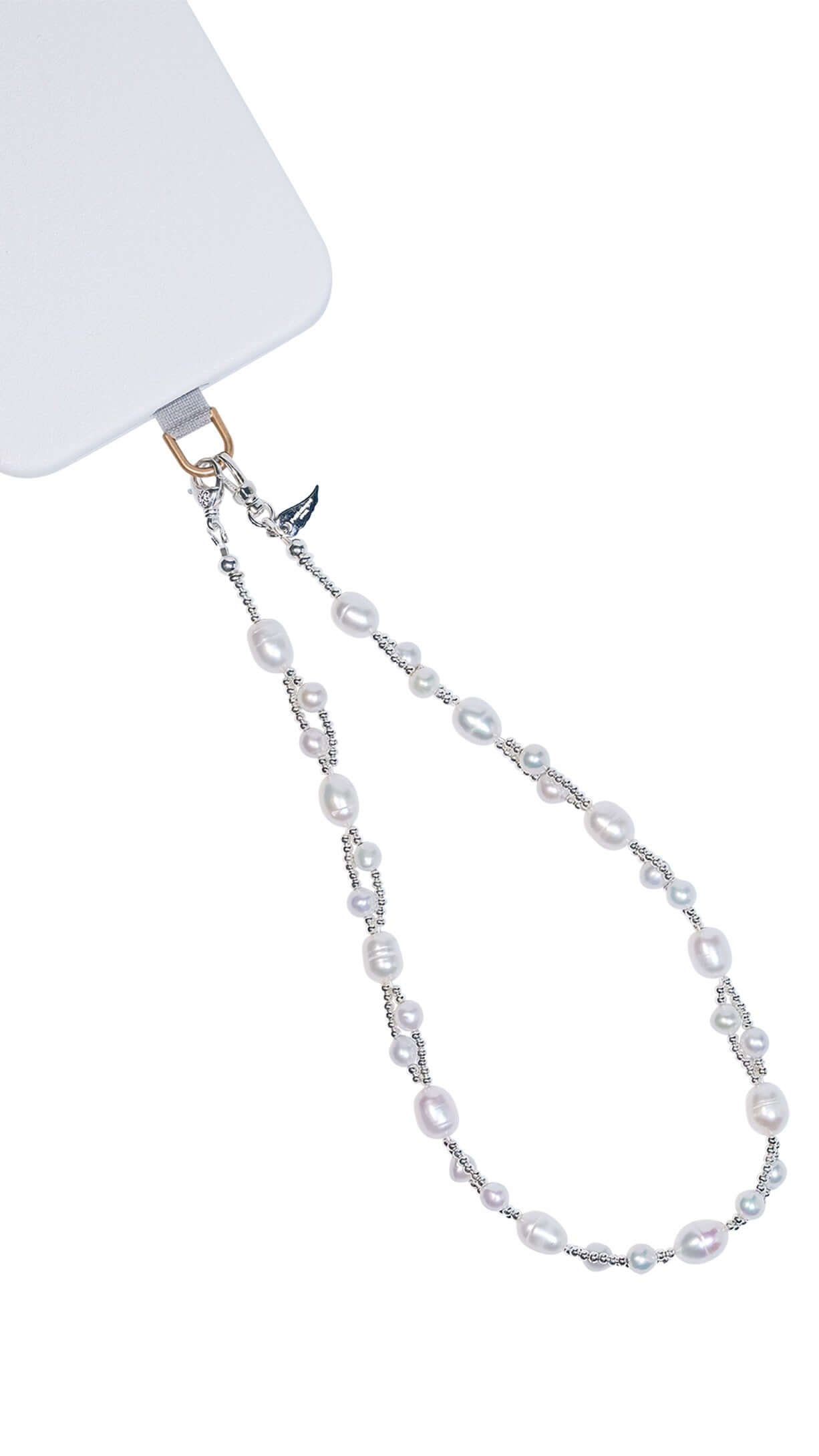 Elegant natural freshwater pearl phone charm and bracelet in S925 silver, showcasing a unique two-way accessory design.