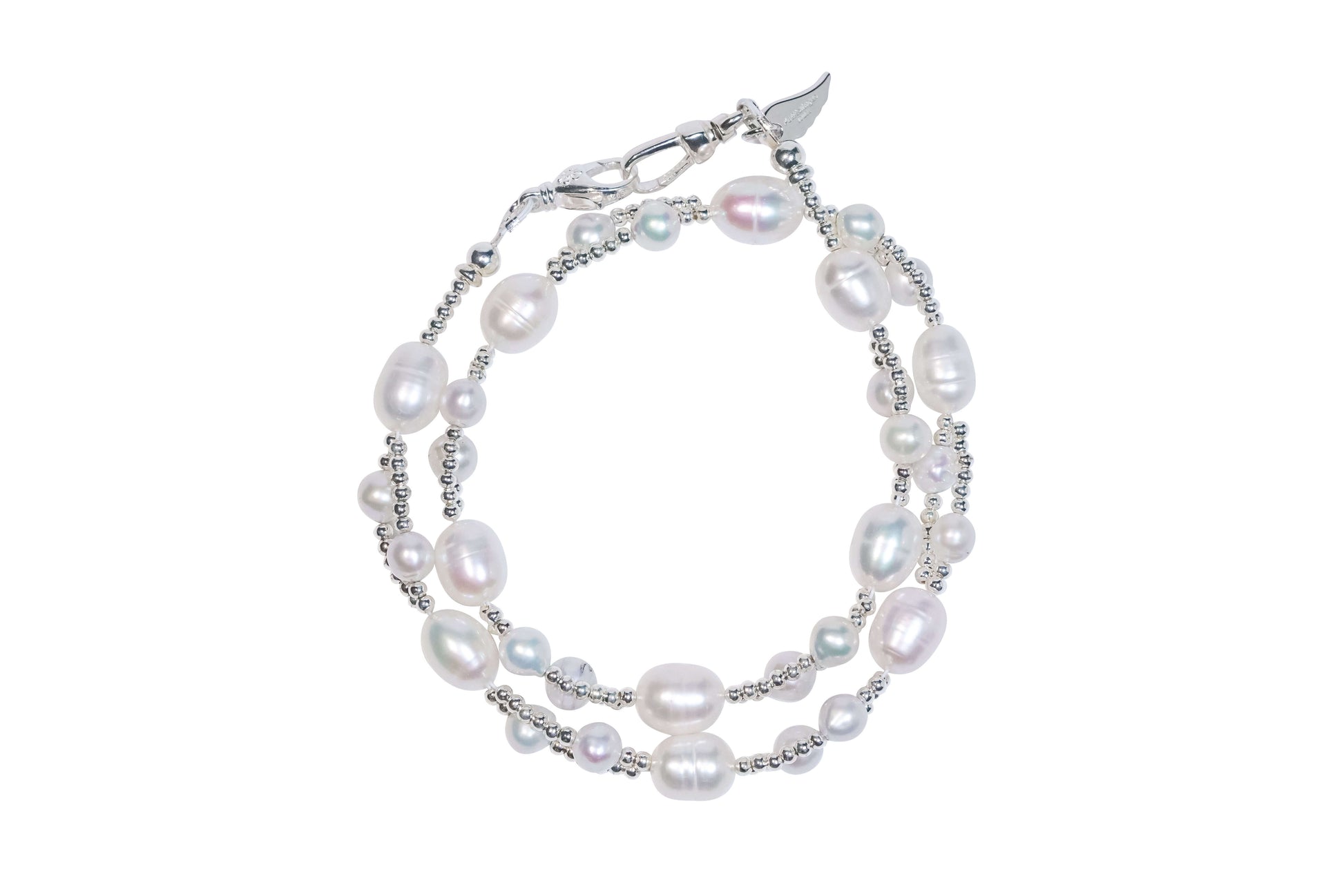 Elegant two-way phone strap and bracelet made with natural freshwater pearls and S925 silver hardware.