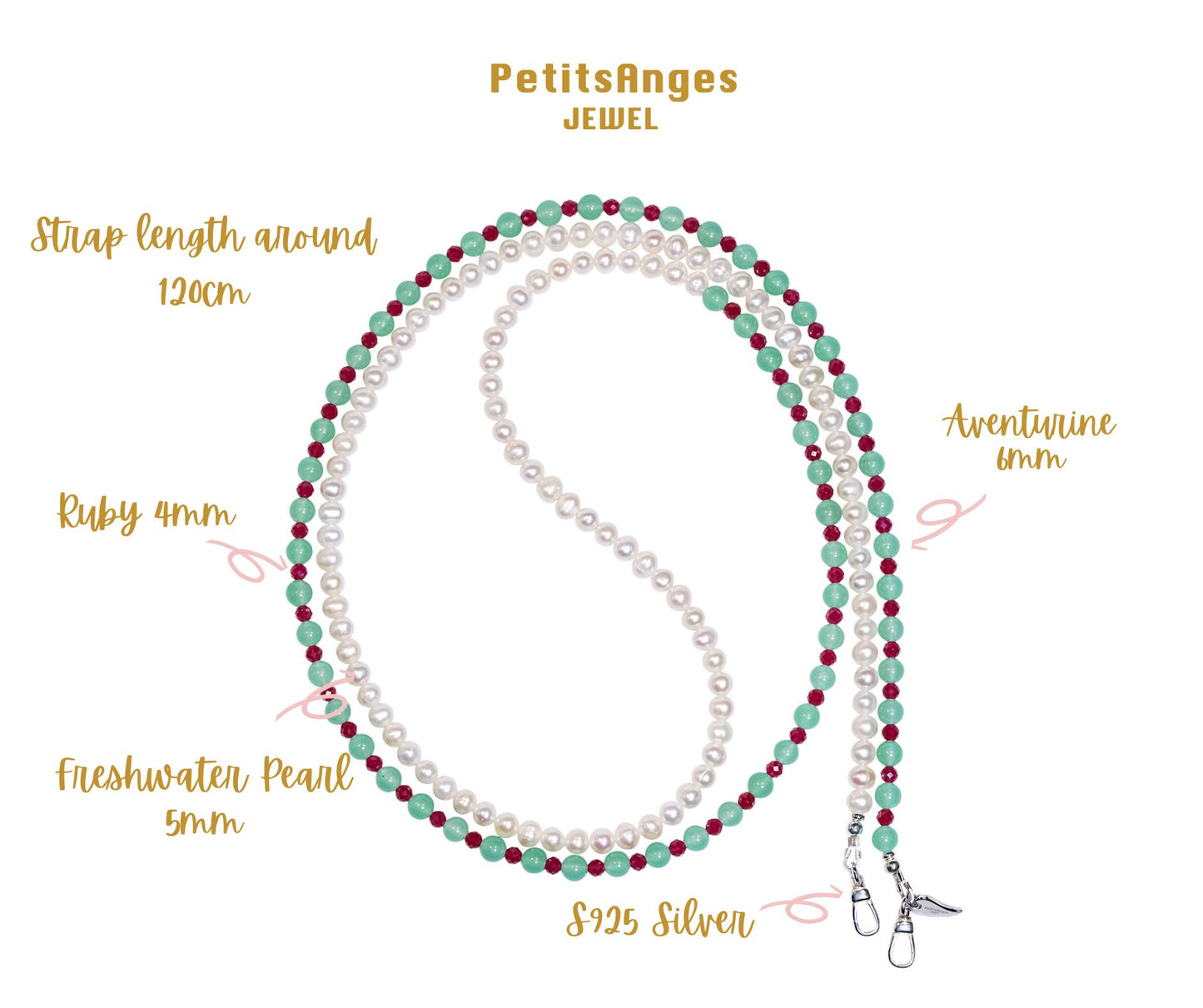 Pearl-adventurine-ruby cross-body phone strap/necklace with 120cm length and 925 silver accents.