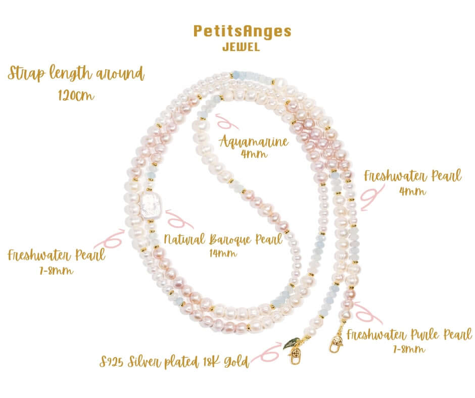 Pearl-Aquamarine cross-body phone strap featuring freshwater pearls, aquamarine beads, and gold-plated accents by PetitsAnges.