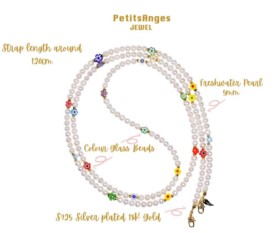 Pearl-Flower Glass Beads Cross-body Phone Strap with 5mm freshwater pearls, multicolor flower charms, and S925 silver plated 18K gold hardware.