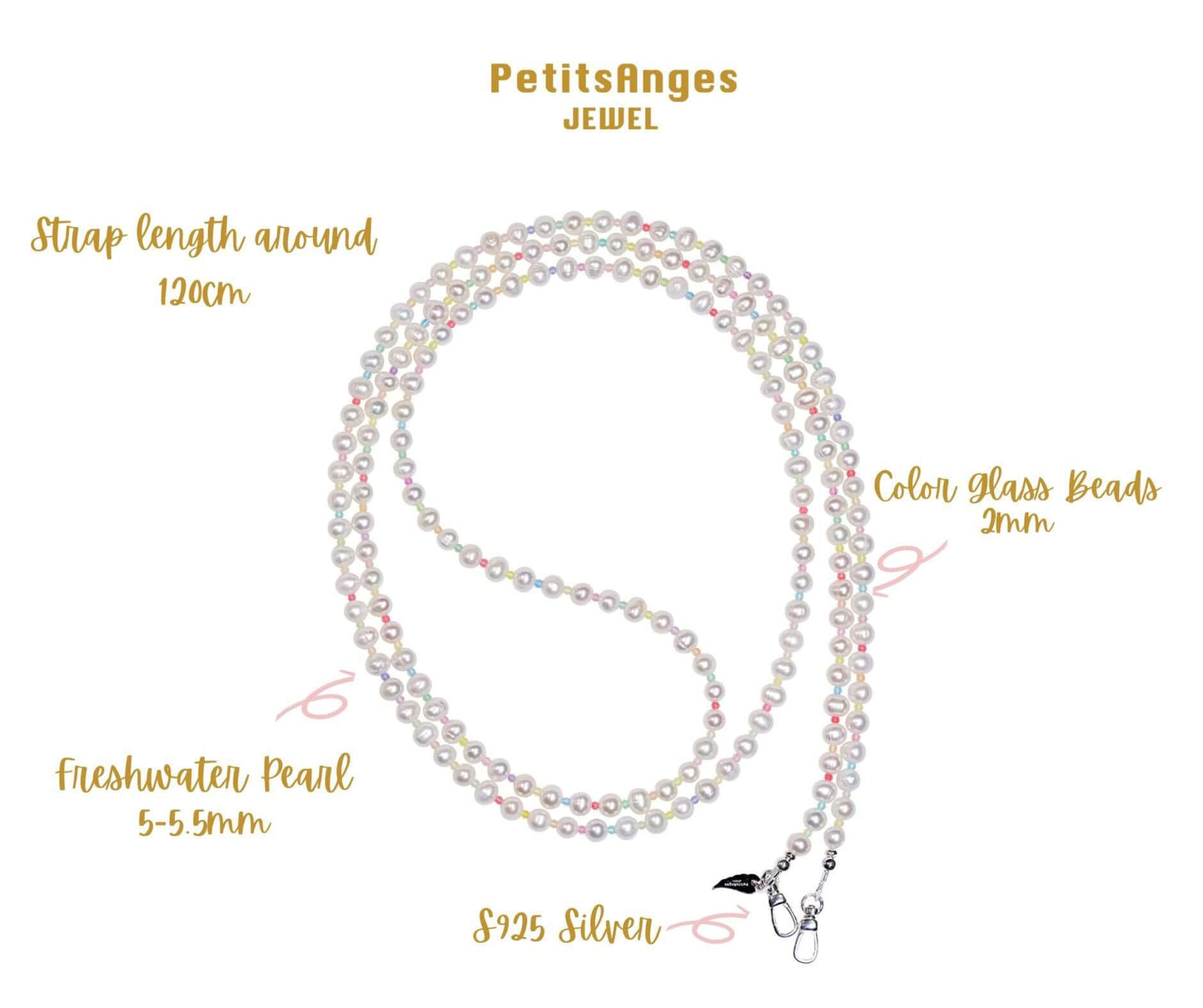 Cross-body phone strap/necklace featuring natural pearls and colorful glass beads, highlighted by S925 silver accents.