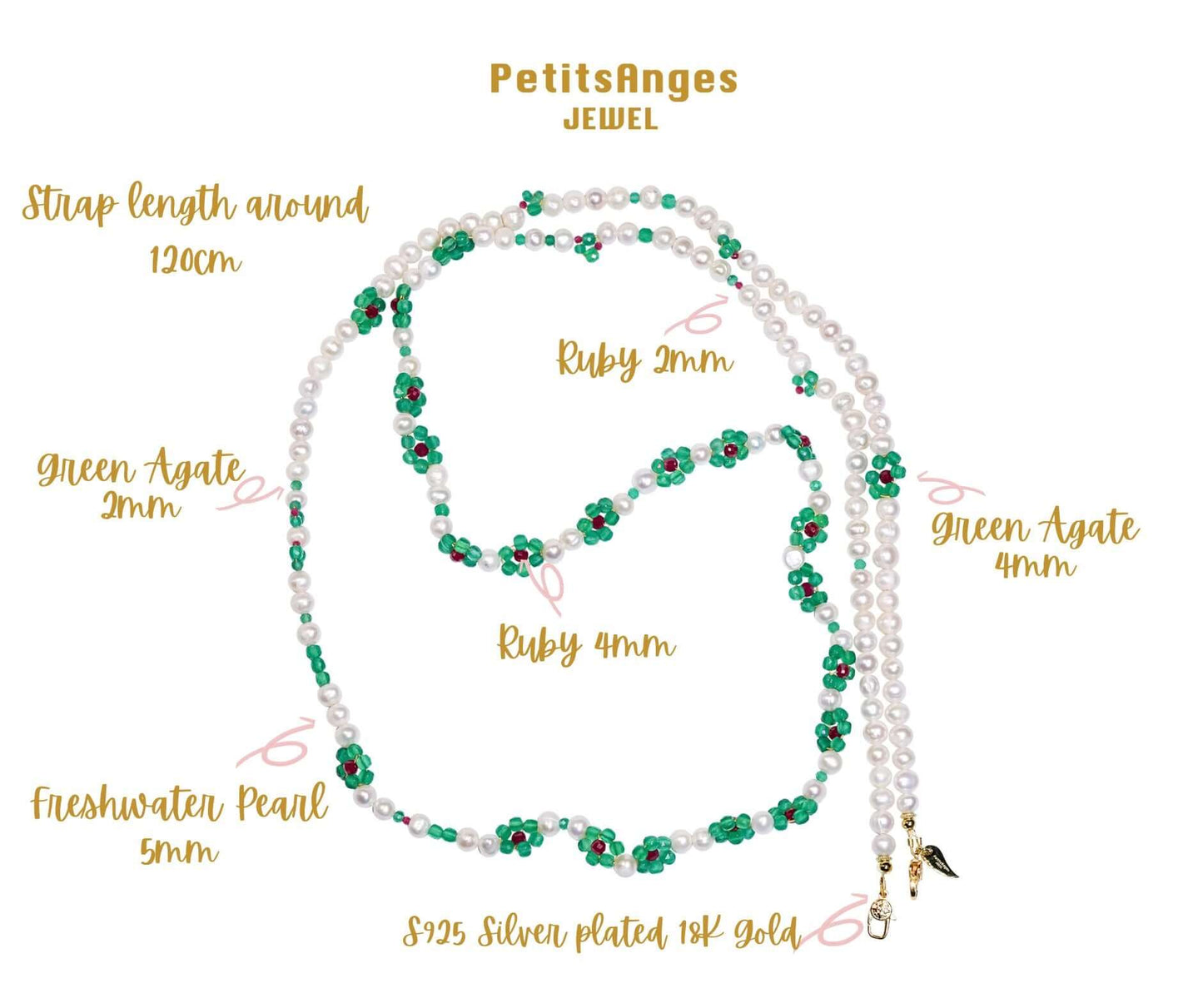 Pearl-green agate-ruby cross-body phone strap/necklace with 120cm length, featuring fresh water pearls and intricate floral design.