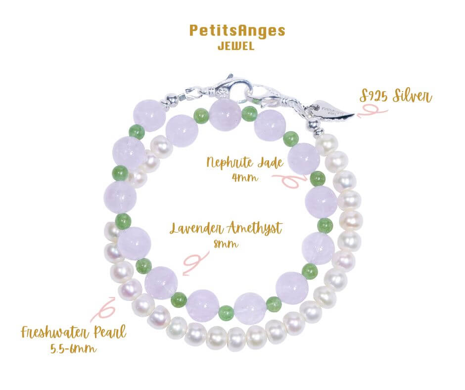 Pearl-Lavender Amethyst-Nephrite Jade phone charm bracelet with freshwater pearls and 925 silver, versatile two-way accessory.