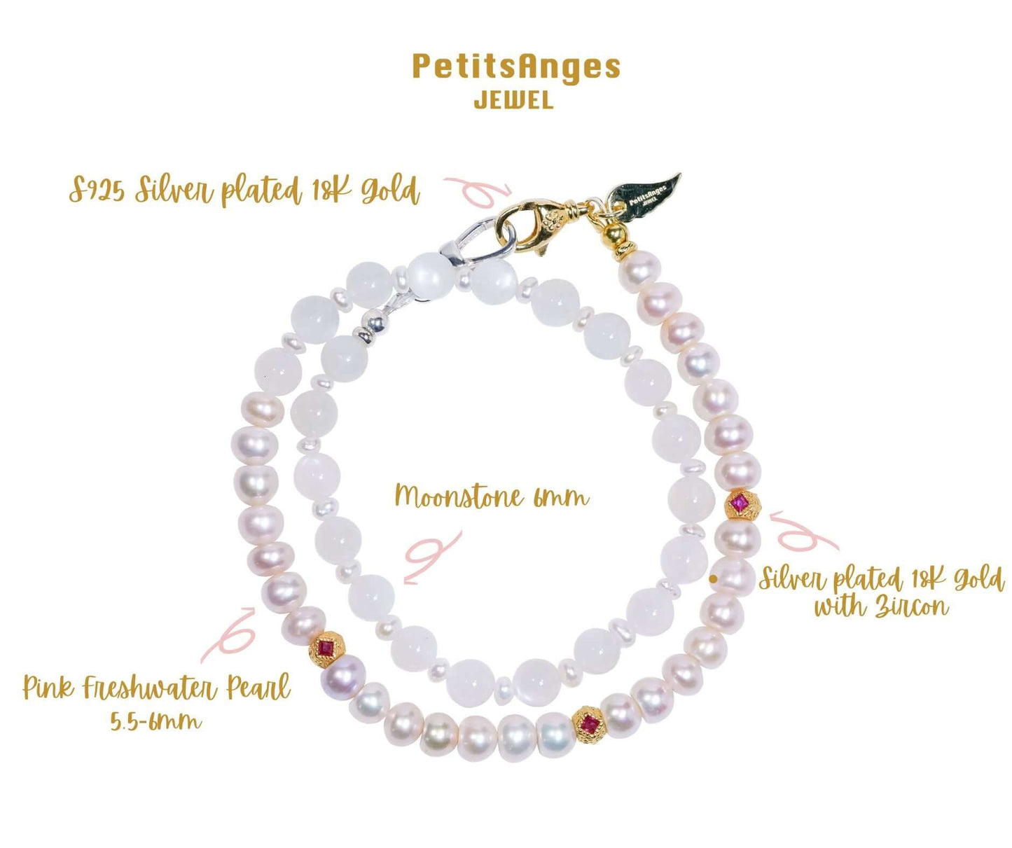 Pearl-Moonstone Silver Phone Charm/Bracelet featuring pink freshwater pearls and silver-plated gold accents.