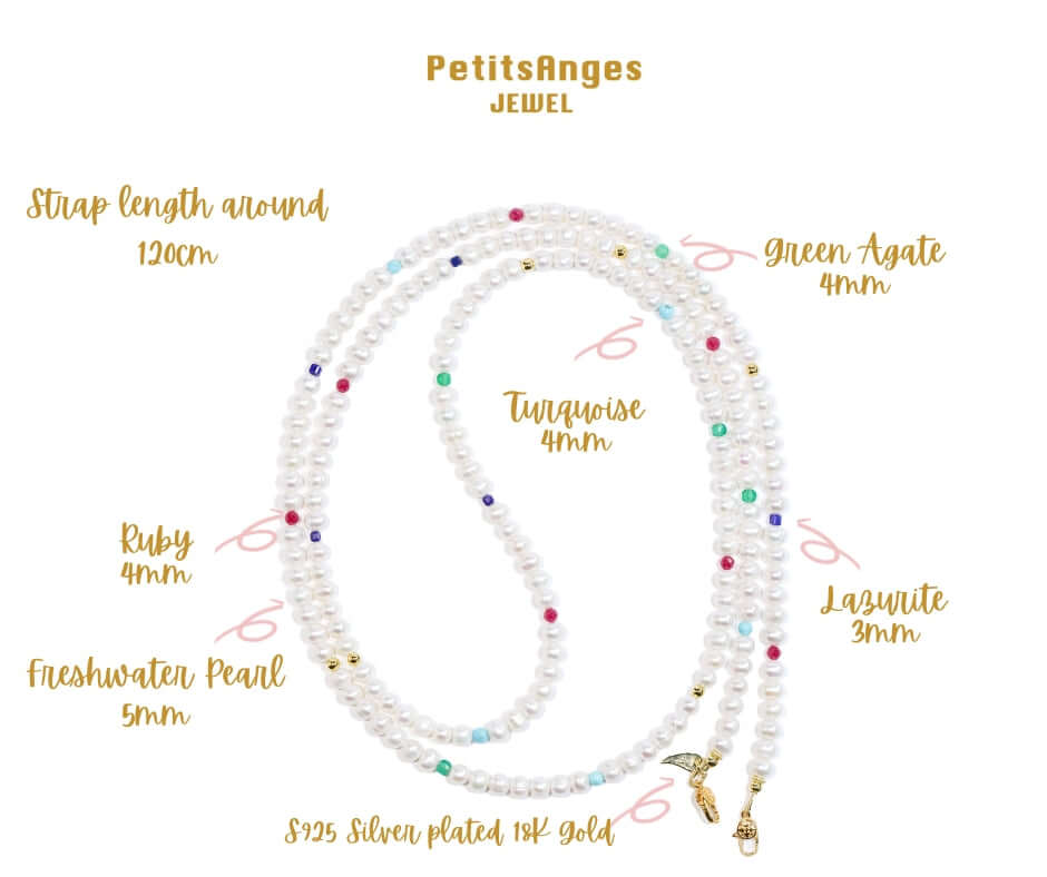 Multi-gemstone pearl phone strap with freshwater pearl, ruby, green agate, lazurite, and turquoise; 120cm length, S925 silver plated 18K gold hardware.