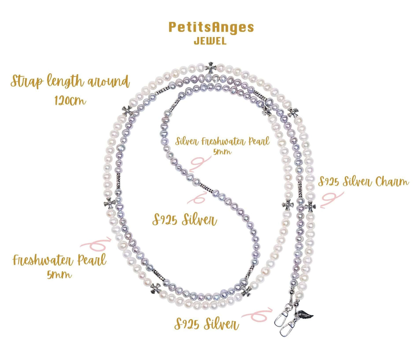 Pearl-Silver charm cross-body phone strap with white and silver freshwater pearls, S925 silver, 120cm long, by PetitsAnges Jewel.