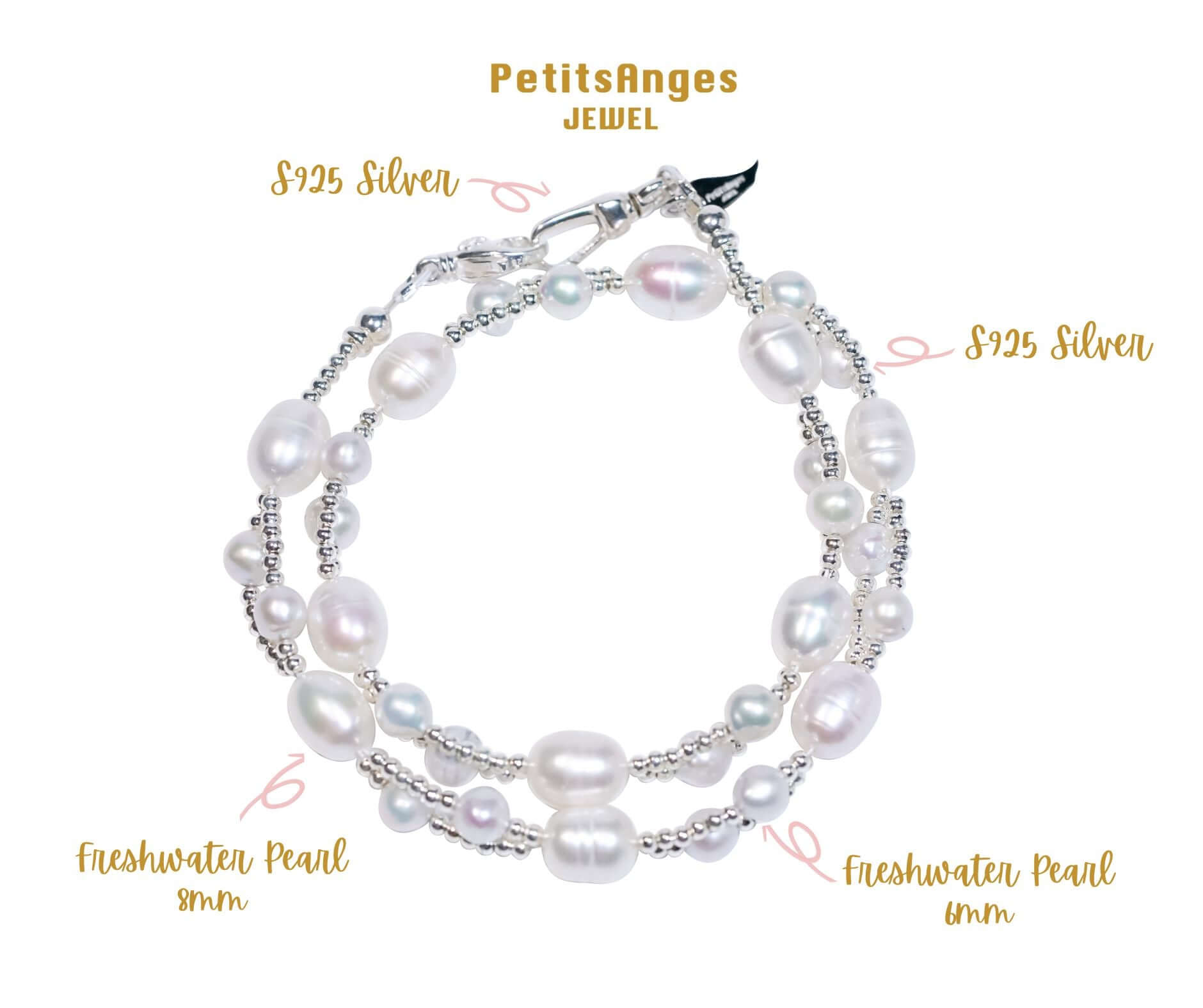 Pearl-silver bracelet showcasing natural freshwater pearls and S925 silver components, versatile as a phone strap or bracelet.