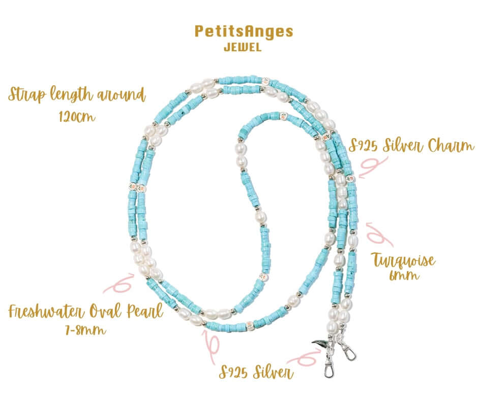 Pearl turquoise cross-body phone strap with freshwater pearls, turquoise beads, and S925 silver hardware, 120cm length.