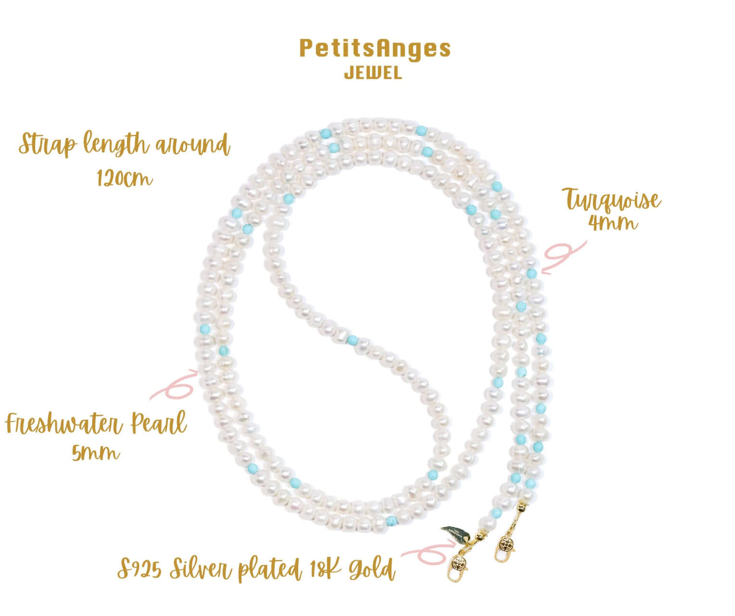 Pearl-turquoise cross-body phone strap with freshwater pearls and turquoise beads, S925 silver plated 18K gold hardware, 120cm long.